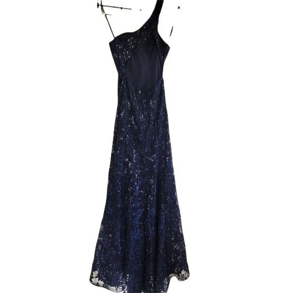 LUXURY ONE SHOULDER NAVY SEQUIN MAXI DRESS SZ S - Picture 2 of 16